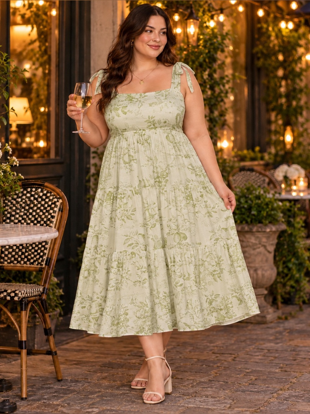 NWT Olive Green Floral Midi Dress Tie Strap Plus Sundress Perch Blu Pepper 2X